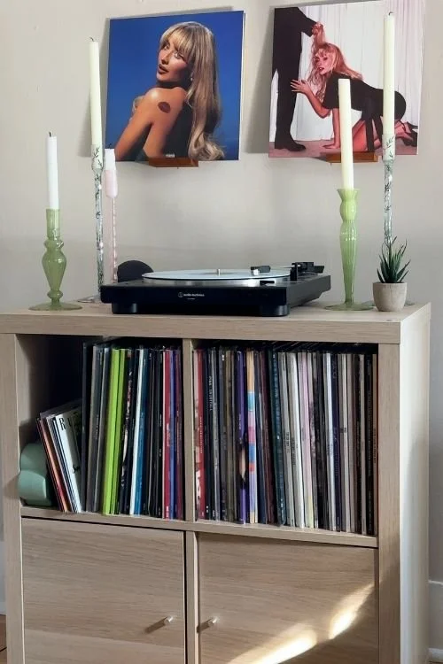 Vinyl record with candles and ikea storage