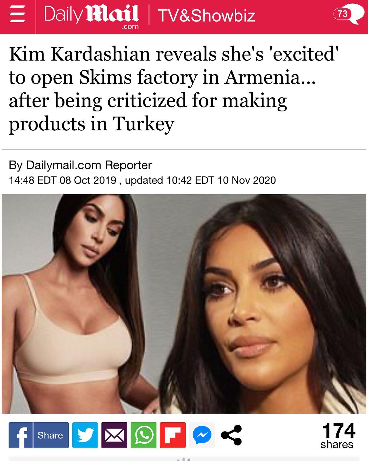 Just another lil #researchroundup. 

1. 2019, Kim promising she&rsquo;ll open a SKIMs factory in Armenia after it came to light that she had one in Turkey 

2. Story post by Kim last week showing a note from Lou Taylor (who TikTokers are always telli