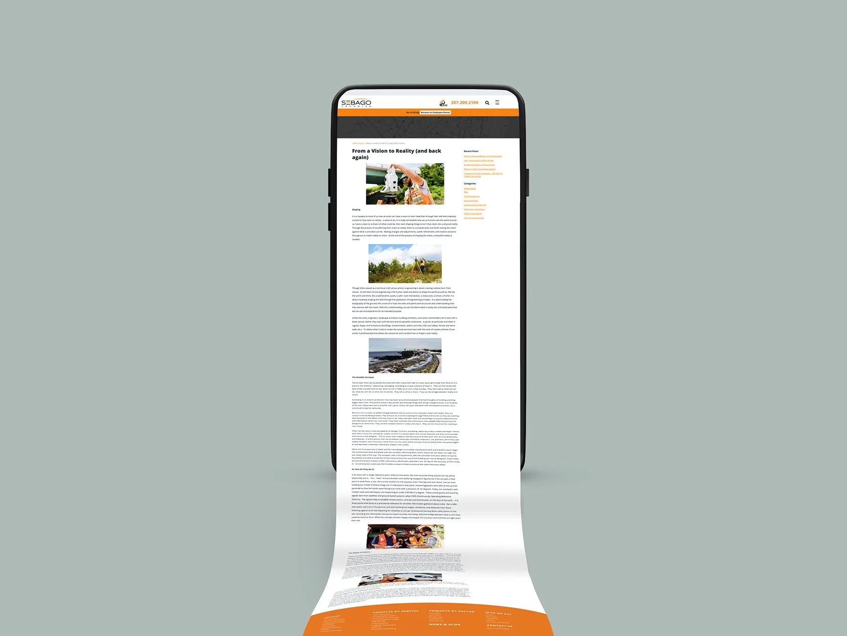 A smartphone displaying a web page with a long scroll of text and images, including a person with a telescope, people in a field, a shoreline, and a group of people at an outdoor event. The phone screen shows a website with an orange and white color scheme.