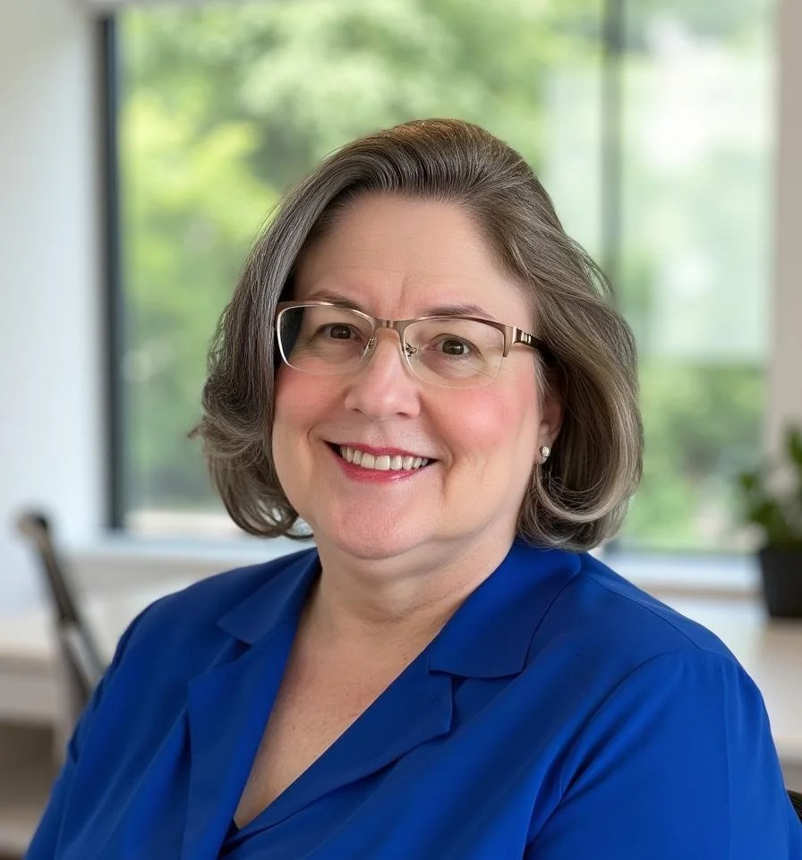 Lynn is pictured smiling wearing a royal blue blouse. Lynn has on glasses and a short bob with bumped ends.