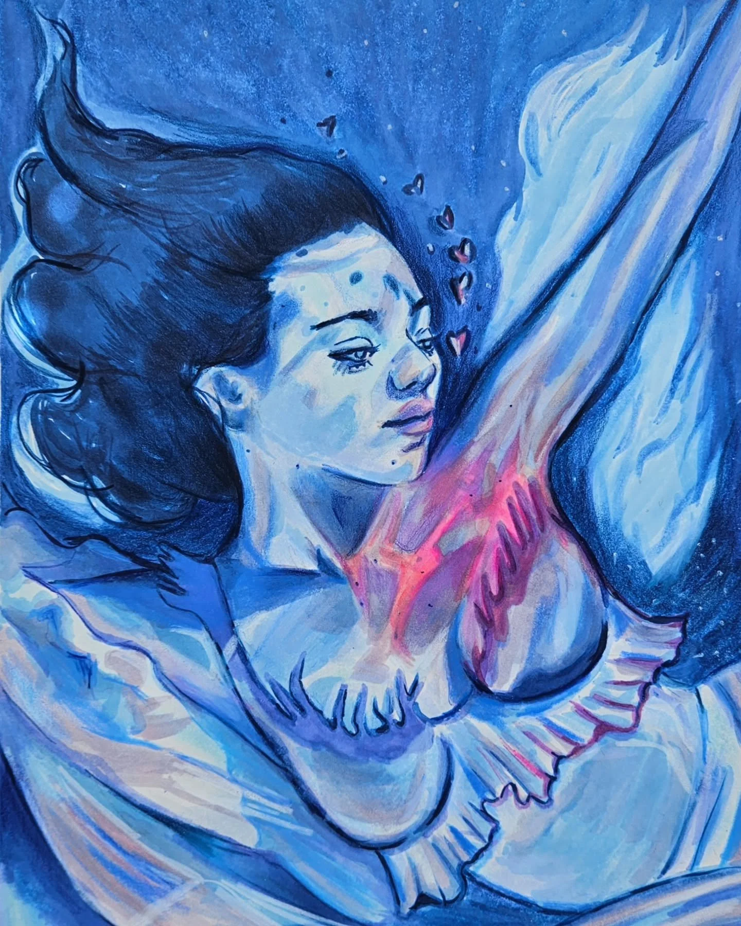 🌊These last few months, mermaids and water have been a strong theme in my art. A river of emotions has been overflowing in my heart, some beautiful and alive, others peaceful yet so painful. 

This piece feels like holding all those emotions. She is