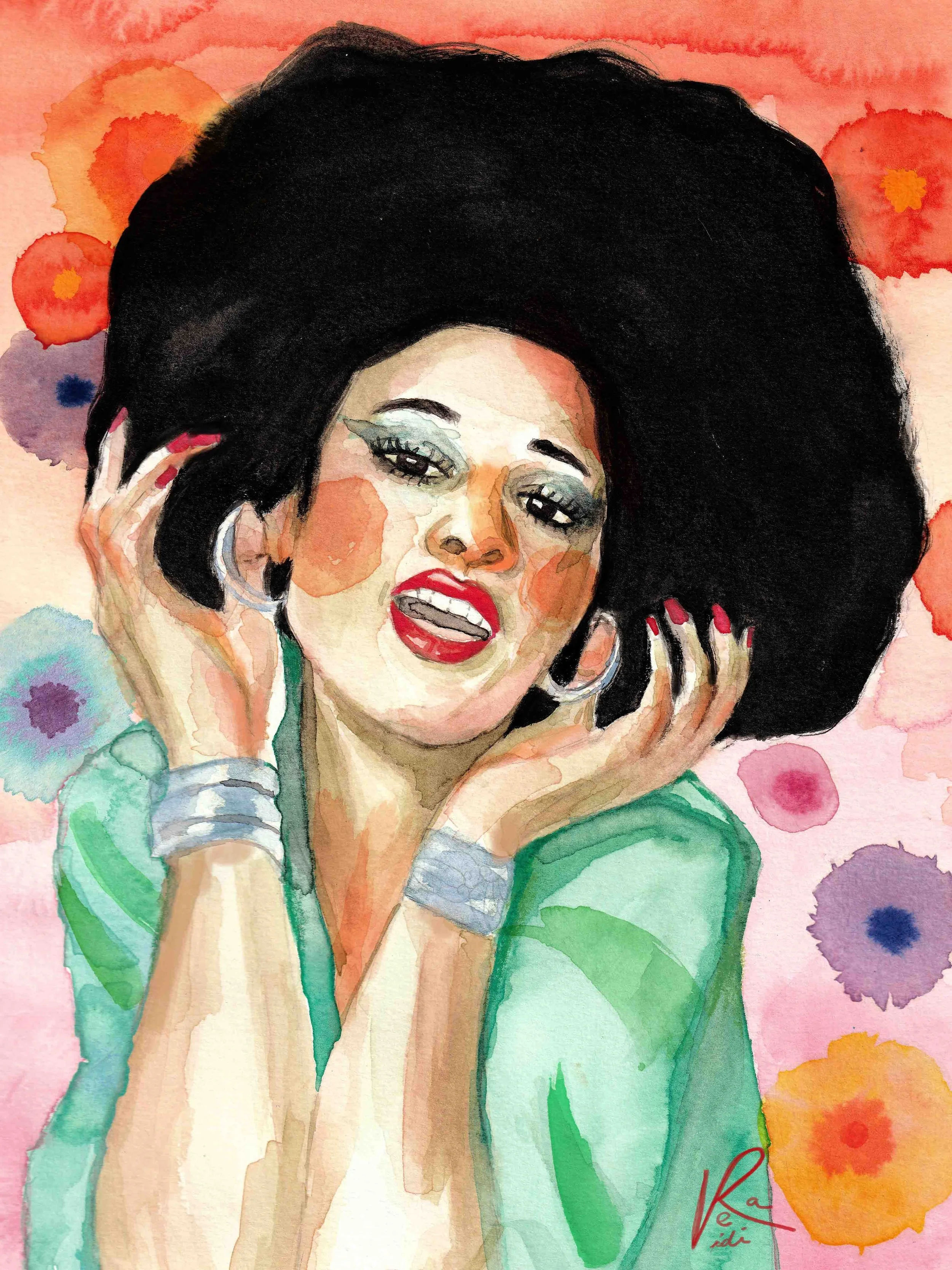 Colorful  watercolor art that celebrates Betty Davis,  American singer, songwriter, and model.  She was a pioneering figure in the funk and soul music scene.