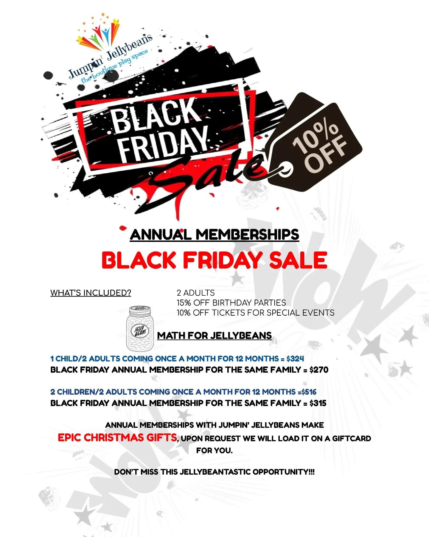 Tis the season for gift givin'! Why not give a gift that keeps on giving a membership to Jumpin' Jellybeans! We are having our black Friday sale on Memberships starting Friday! 

We are also hosting our 2-hour Drop and Shop all day Friday! Drop your 