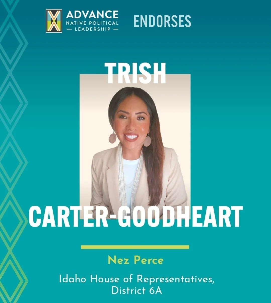 portrait of Trish Carter-Goodheart, Nez Perce candidate for Idaho State House of Representatives, wearing cream colored blazer and traditional abalone shell earrings.