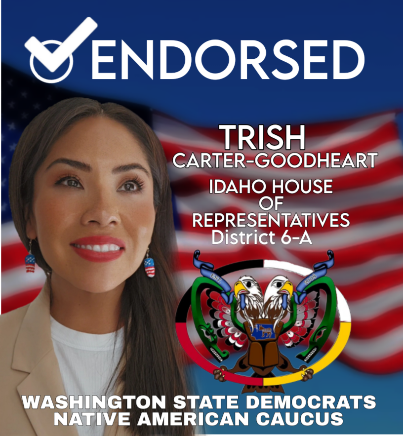 portrait of Trish Carter-Goodheart, Native Amrican candidate, in a striking campaign portrait representing Nez Perce leadership