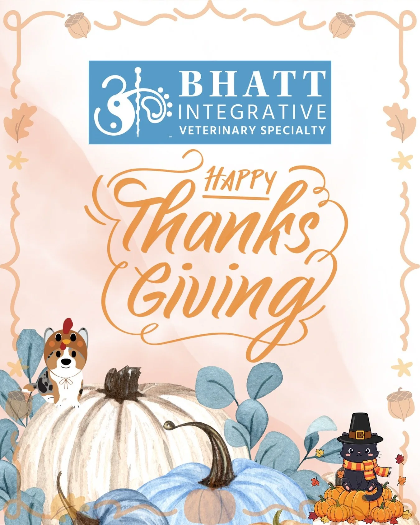 Happy Thanksgiving from all of us at Bhatt Integrative Veterinary Specialty.

Today we&rsquo;re thankful for the pets who fill our days with love, the families who trust us with their care, and the team who gives their hearts to every patient who wal
