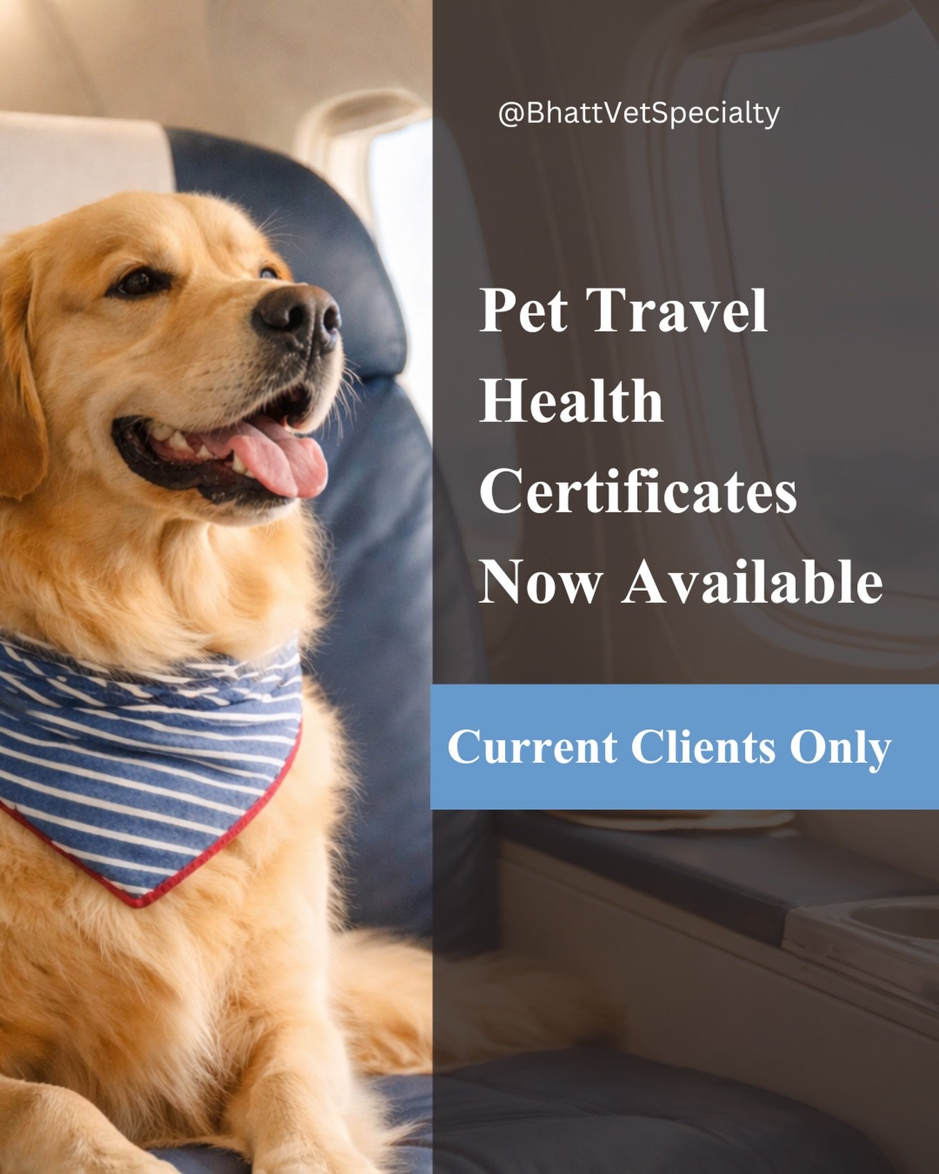 Dear Bhatt Integrative Veterinary Specialty clients,

Traveling with your pet? We&rsquo;re happy to share that pet travel health certificates for dogs and cats are now available for domestic and international travel.

This service is for current Bhat