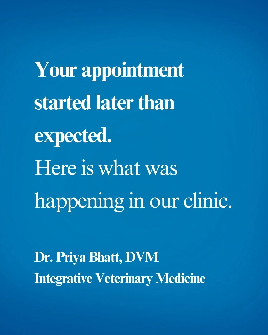 We know that waiting for a doctor&rsquo;s appointment - whether for your pet or for yourself in human clinics - can be annoying. You made it on time, why isn&rsquo;t the medical team on time? Well, there are very very good reasons, and it is not beca