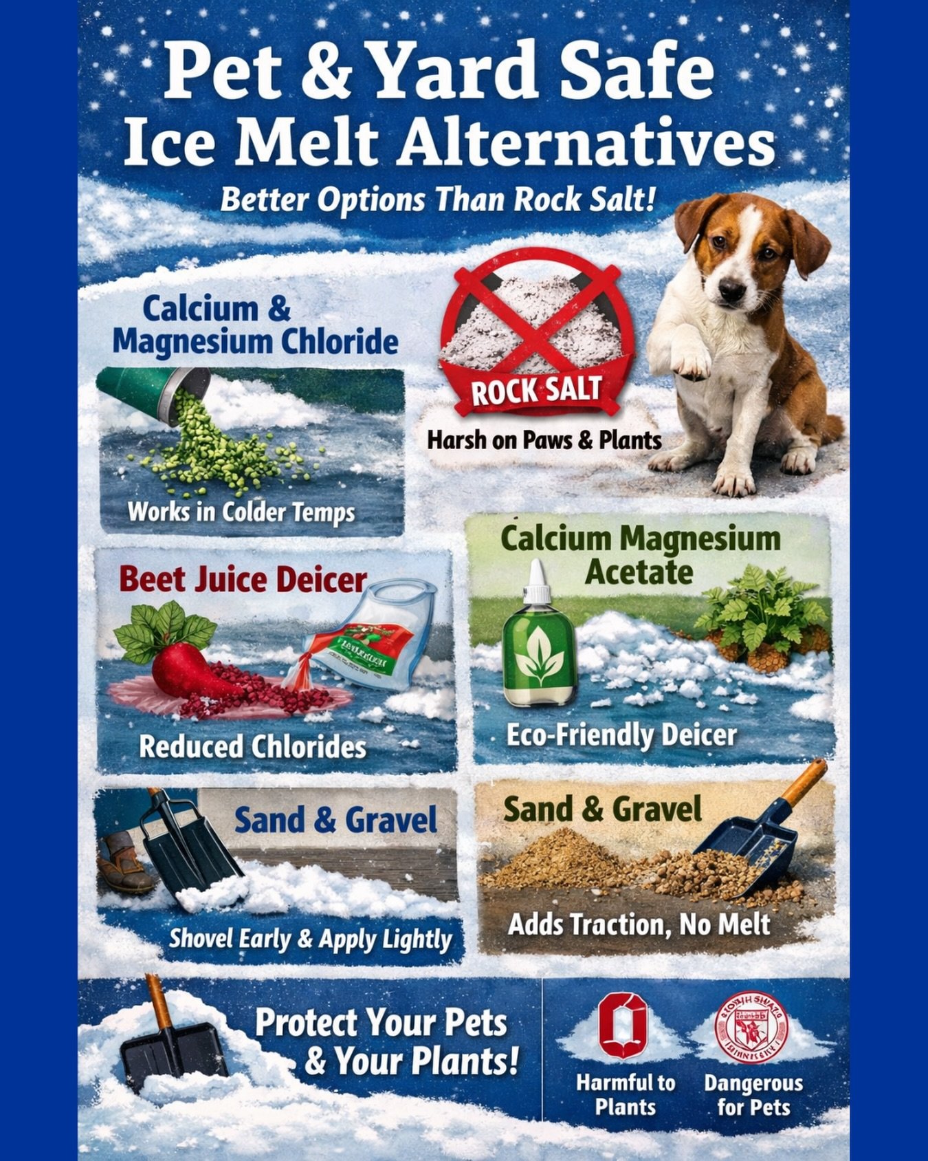 Extreme cold and dangerous wind chills mean pets should be outside only long enough for a potty break. Limit outdoor time to under 15 minutes or less. Shorter is better.

Winter happens. Ice happens. Rock salt is the default. It is not the safest cho