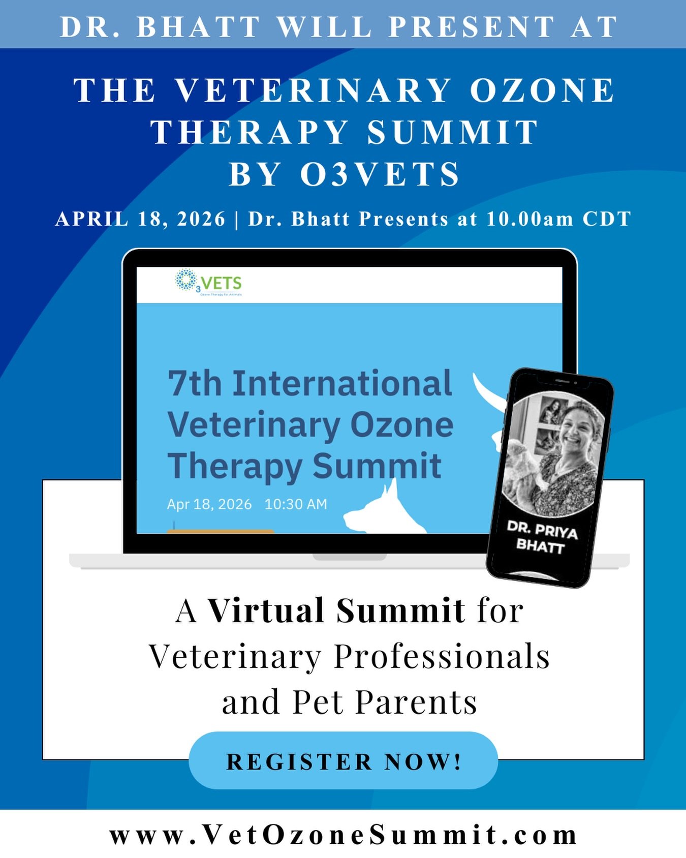 When your dog or cat is facing cancer or chronic illness, you want more than one path forward.

On Saturday, April 18, Dr. Priya Bhatt will be speaking at the O3Vets 7th Virtual Veterinary Ozone Summit.

This one day virtual event is designed for vet