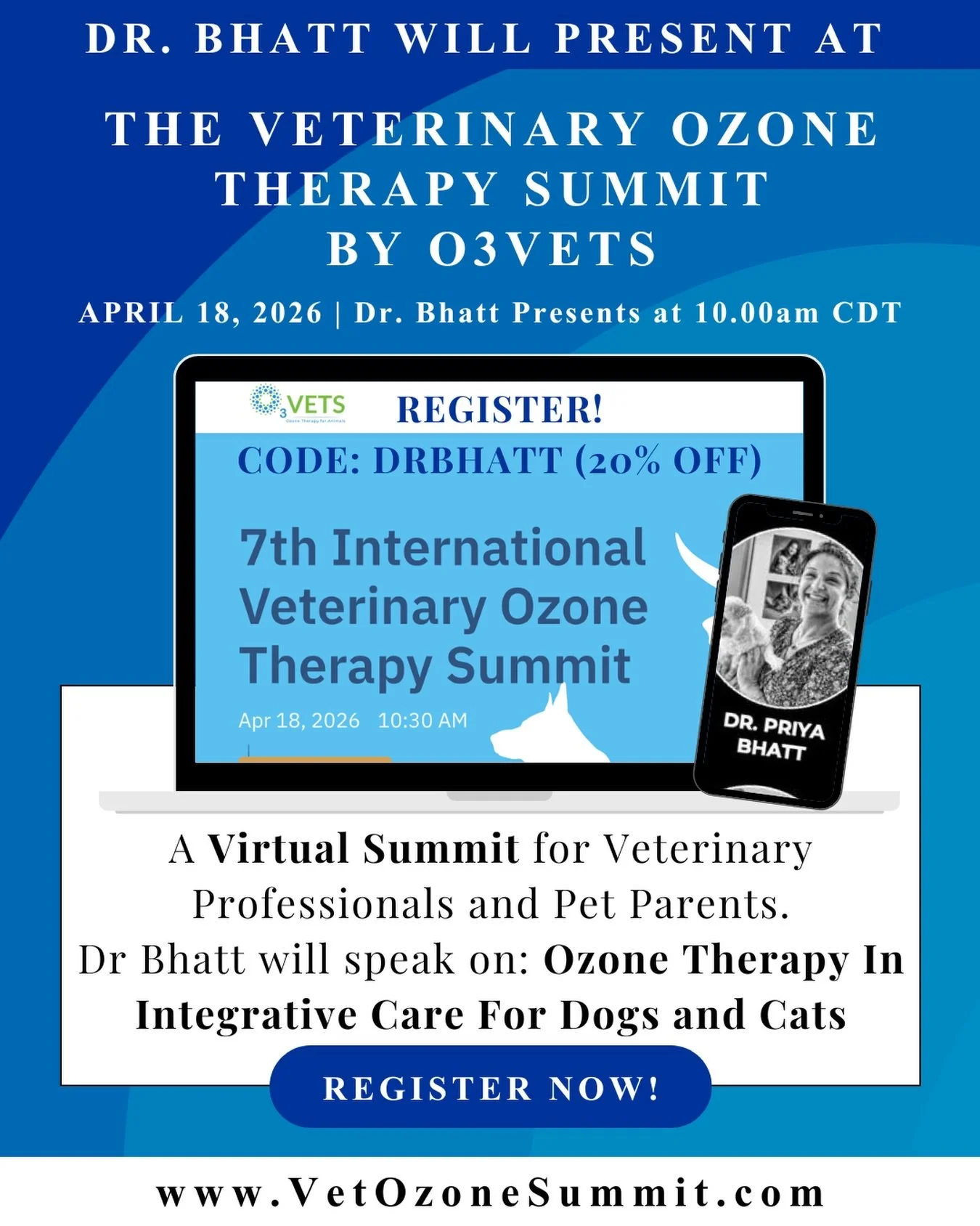 If your dog or cat is facing cancer or a chronic condition, you want clear answers and real options.

Dr. Priya Bhatt will be speaking at the O3Vets 7th Virtual Veterinary Ozone Summit on Saturday, April 18. This one day virtual event is open to vete