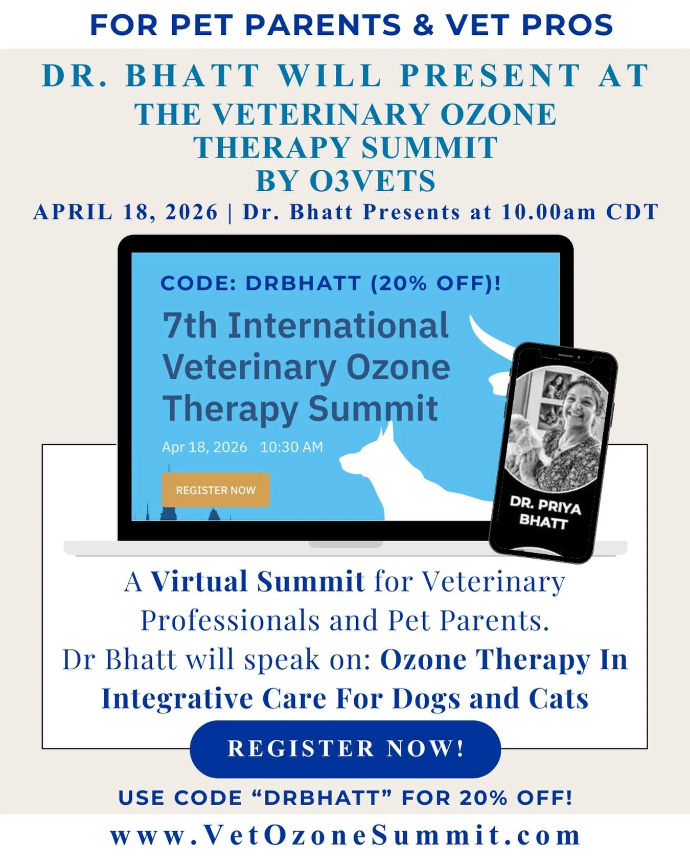 If your dog or cat is facing cancer or a chronic condition, you want clear answers and real options.

Dr. Priya Bhatt will be speaking at the O3Vets 7th Virtual Veterinary Ozone Summit on Saturday, April 18. This one day virtual event is open to vete