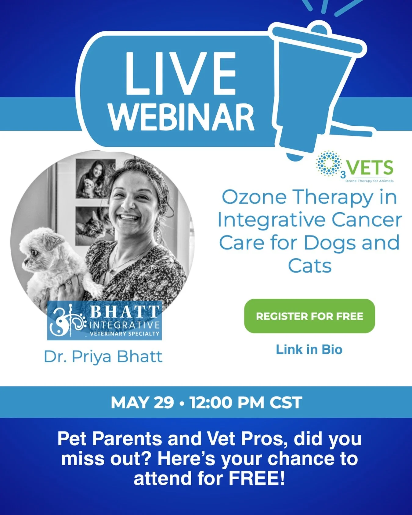 If you missed Dr. Bhatt&rsquo;s ozone therapy talk at the Ozone Summit, here&rsquo;s your second chance.

She&rsquo;s presenting Ozone Therapy in Integrative Cancer Care for Dogs and Cats live on May 29 at 12:00 PM CST and this time it&rsquo;s open t