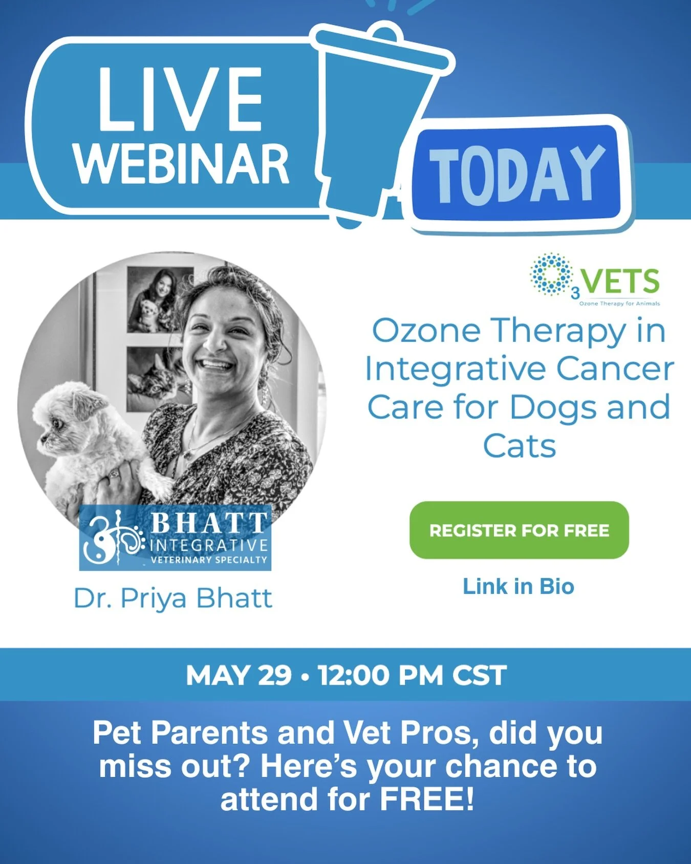 Today is the day.

Dr. Priya Bhatt is going live at 12PM CST with O3Vets for a free virtual lecture on ozone therapy in integrative cancer care for dogs and cats.

If your pet has been diagnosed with cancer, this is worth stopping everything for.

Yo