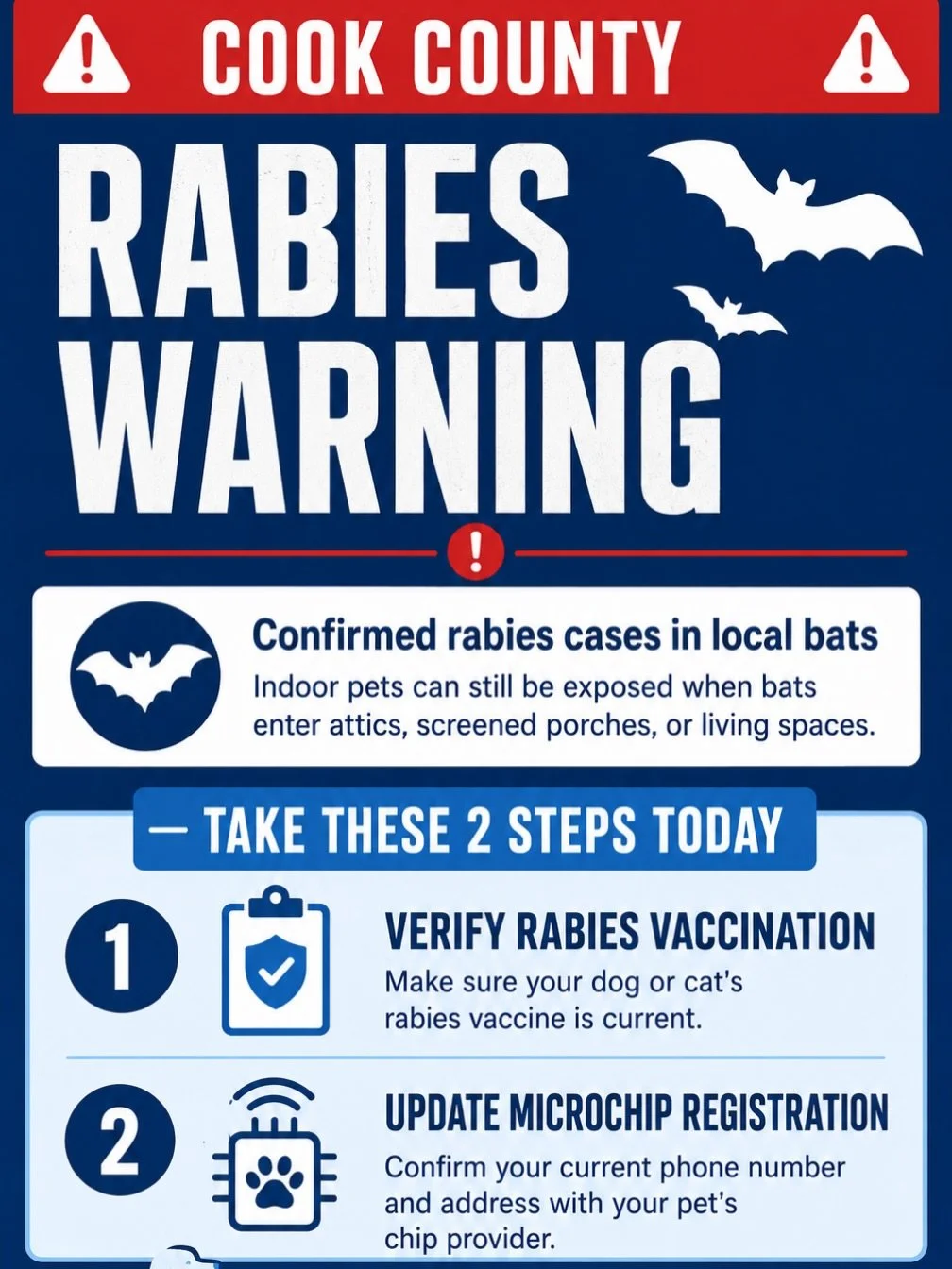 Don&rsquo;t panic. We&rsquo;re just sharing a local alert by Cook County. They say that bats tested positive for rabies in Wilmette and Oak Lawn. This is a precautionary mention and alert.

🚨 COOK COUNTY PET ALERT: Rabies Precautions for Dogs &amp; 