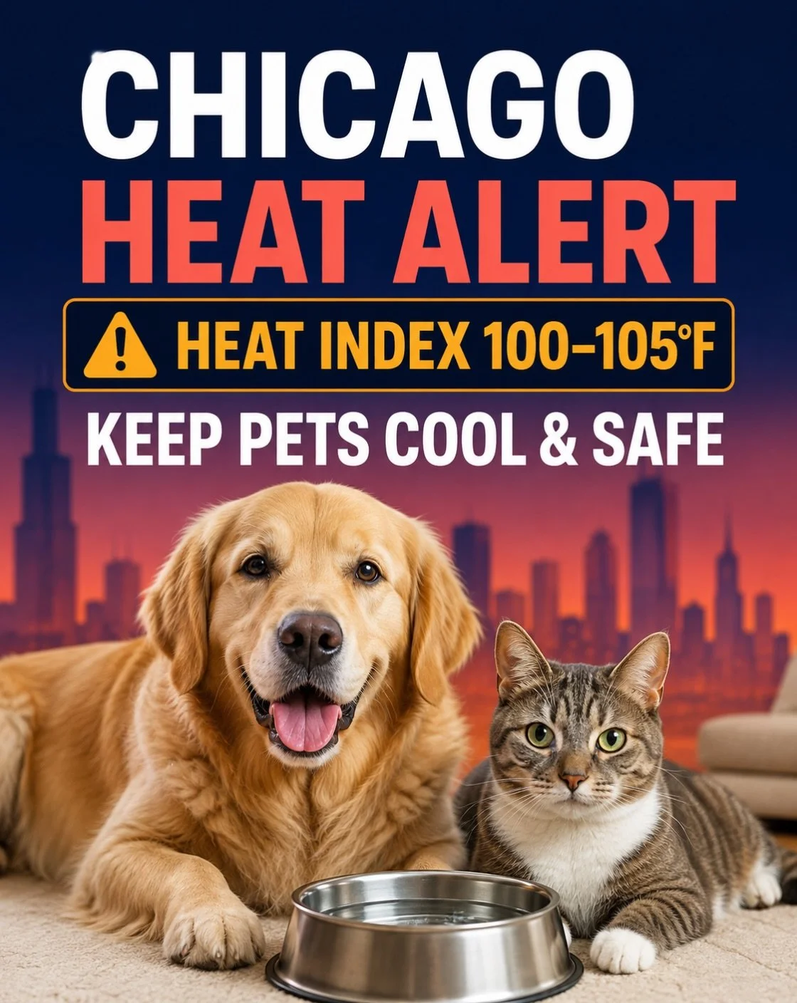Chicago pet parents, today&rsquo;s heat index could reach 100&ndash;105&deg;F. Please keep dogs and cats cool, hydrated, and indoors as much as possible.

Protect your pet:

☀️ Walk dogs early in the morning or after sunset.

💧 Keep fresh, cool wate