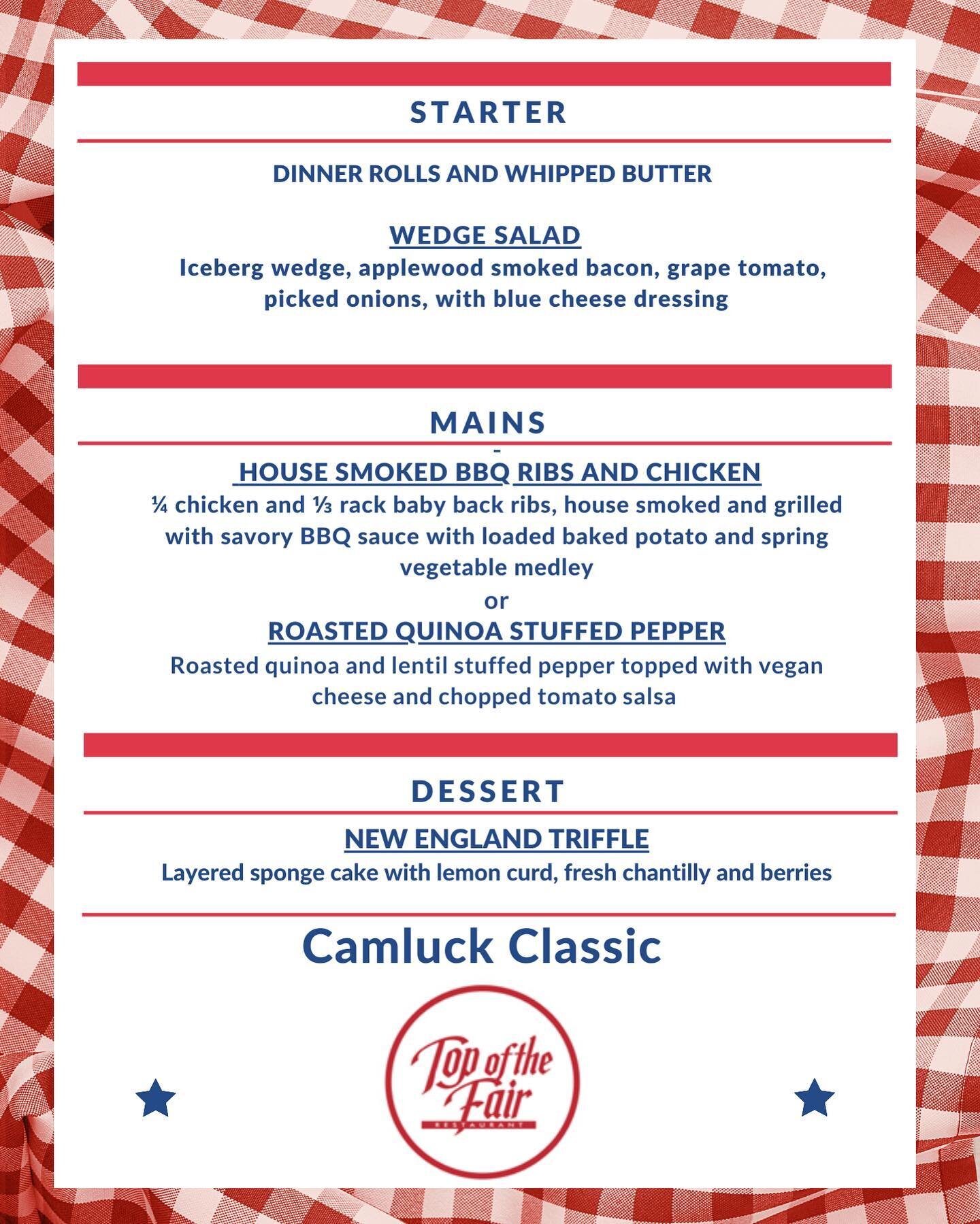 The Top of the Fair Restaurant&rsquo;s special Camluck Classic Menu is out! 

If you haven&rsquo;t booked your reservations for the biggest racing event of the year at Top of the Fair overlooking the action on the race track you better hurry!

Tables