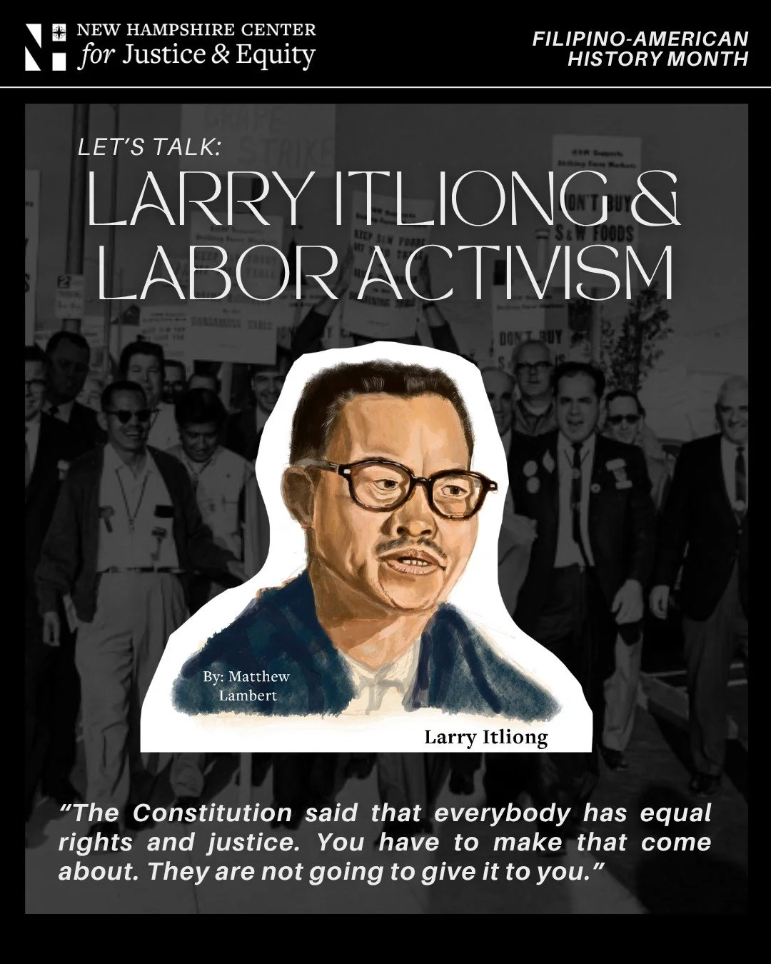 October is Filipino-American History Month. NHCJE would like to highlight Larry Itliong, a prominent Filipino-American labor leader &amp; activist who was pivotal in the American labor movement. 
He organized West Coast farmworkers, notably leading t