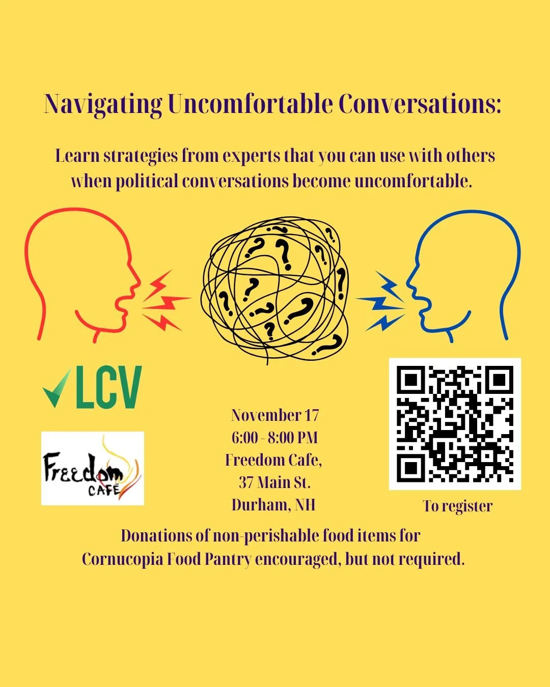 Climate Action NH (@climateactionnh), the New Hampshire chapter of League of Conservation Voters, is hosting an event: Navigating Uncomfortable Conversations on Monday, 11/17 from 6-8pm, at the Freedom Cafe in Durham.
NHCJE's Anthony Poore, among oth