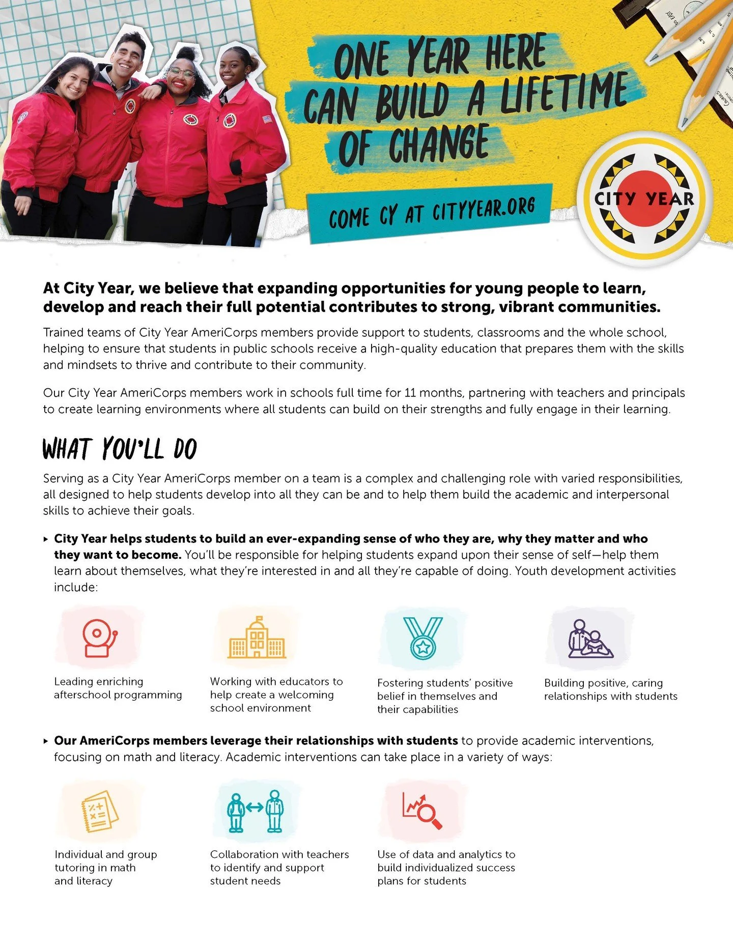 🚨Career Opportunity at City Year! Application deadline is tomorrow, 2/6🚨

City Year is looking for Student Success Coaches to support students going to schools in under-resourced neighborhoods. If you're looking for a meaningful way to spend 11 mon