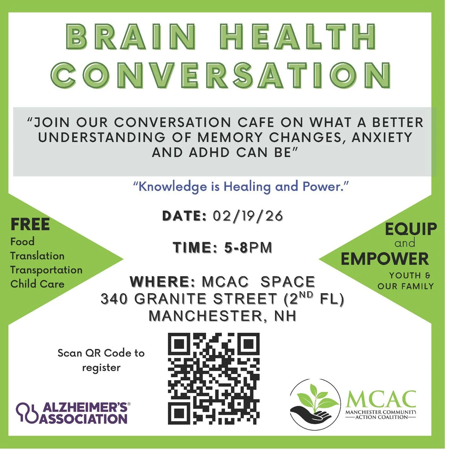 Upcoming event: Brain Health Conversation, hosted by the Alzheimer's Association (alzmanh) &amp; the Manchester Community Action Coalition (mcac_nh) is next Thursday- 2/19/26. 

The conversation will focus on "A Better Understanding of Memory Ch