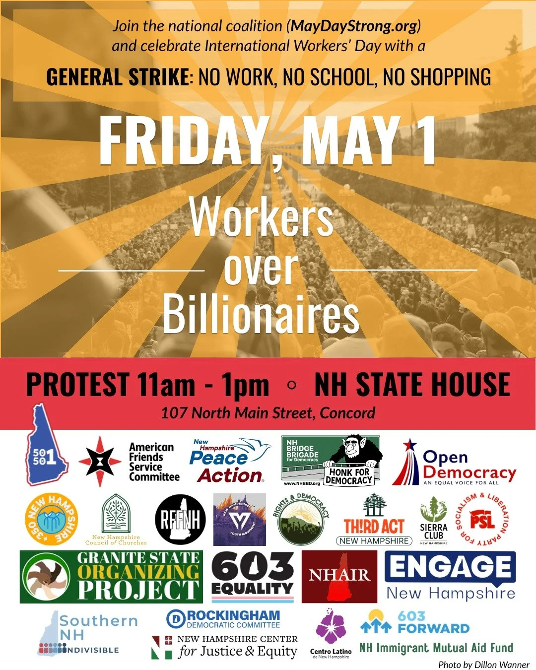 Join us Friday in celebrating May Day- International Worker's Day!

We are honored to join as sponsors for the Concord NH May Day 2026: Workers Over Billionaires rally, alongside many other NH organizations. Help us show our collective power &amp; st