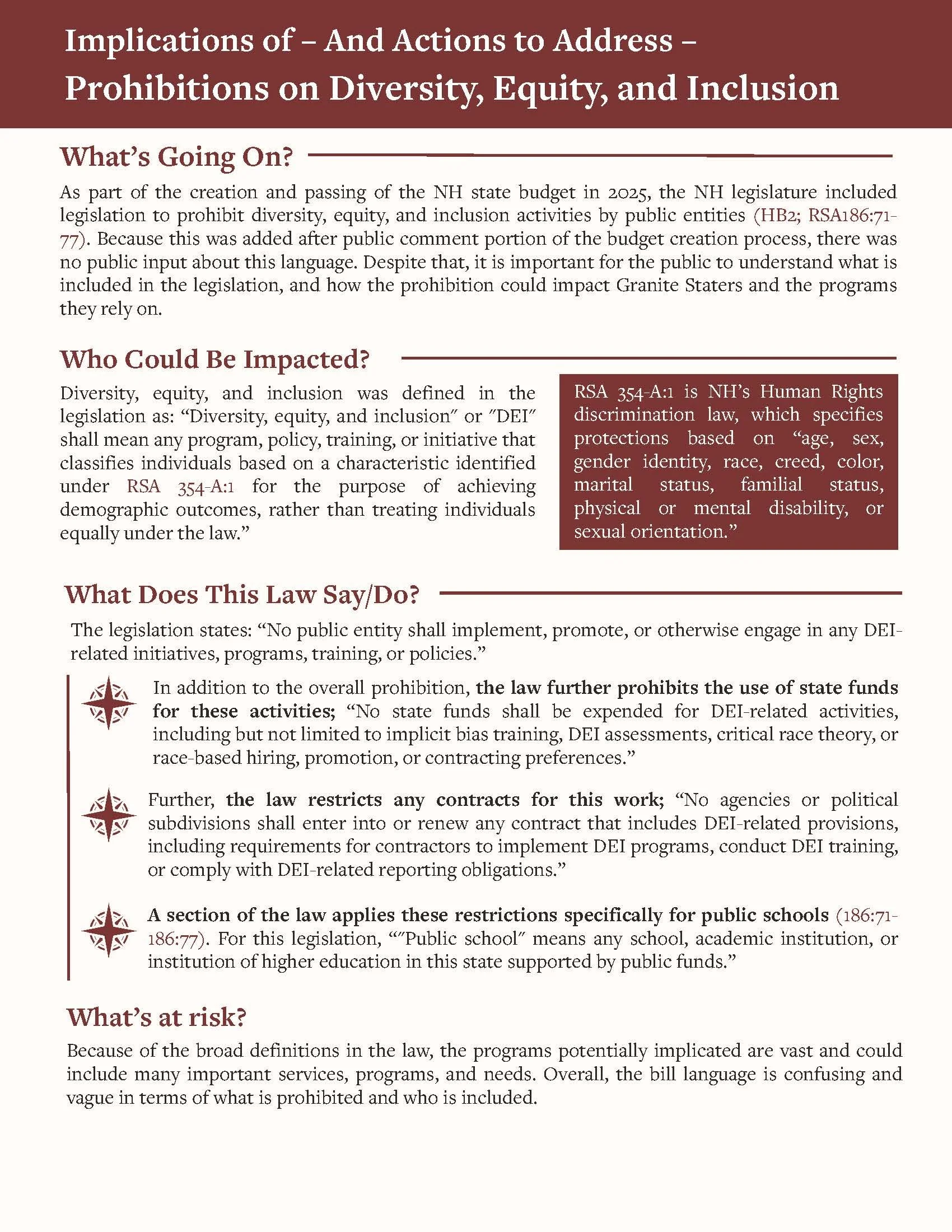 Text document discussing implications and actions regarding prohibitions on diversity, equity, and inclusion activities, including who could be impacted, legal restrictions, and potential risks.