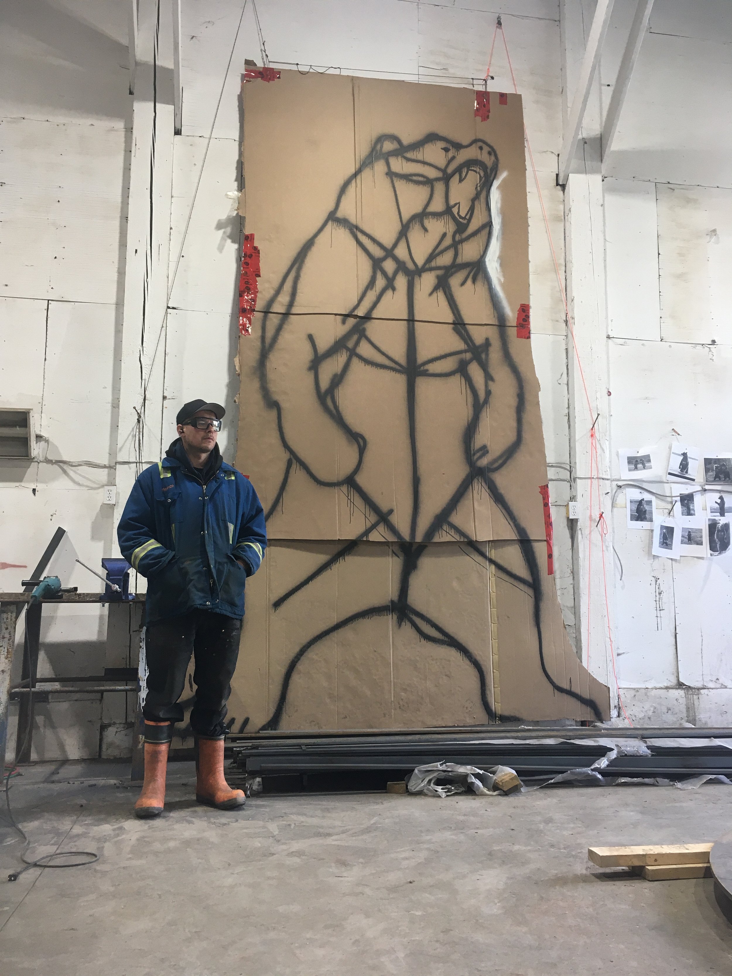 Preparing to build a grizzly bear sculpture