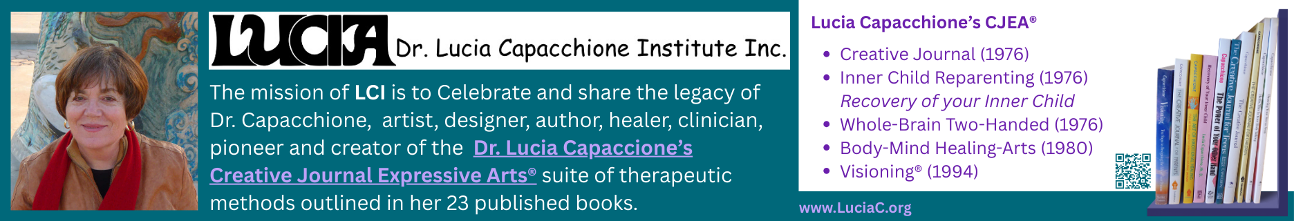 A promotional graphic for Dr. Lucia Capaccione Institute featuring a photograph of Dr. Lucia Capaccione, a stack of books, and information about her published works and mission.