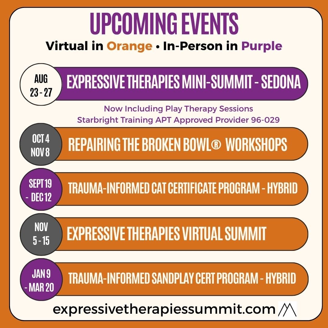 Schedule of upcoming therapy events with dates and titles, color-coded for virtual and in-person events, including mini-summit, workshops, certification programs, and virtual summits, with website link at the bottom.