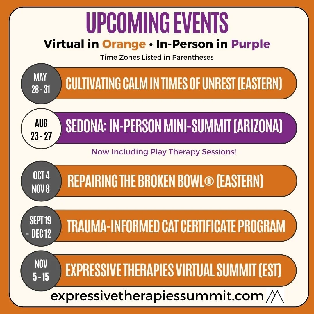 Upcoming events schedule with dates and titles, showing virtual in orange and in-person in purple, including events in May, August, October, September, and November, with a website link at the bottom.