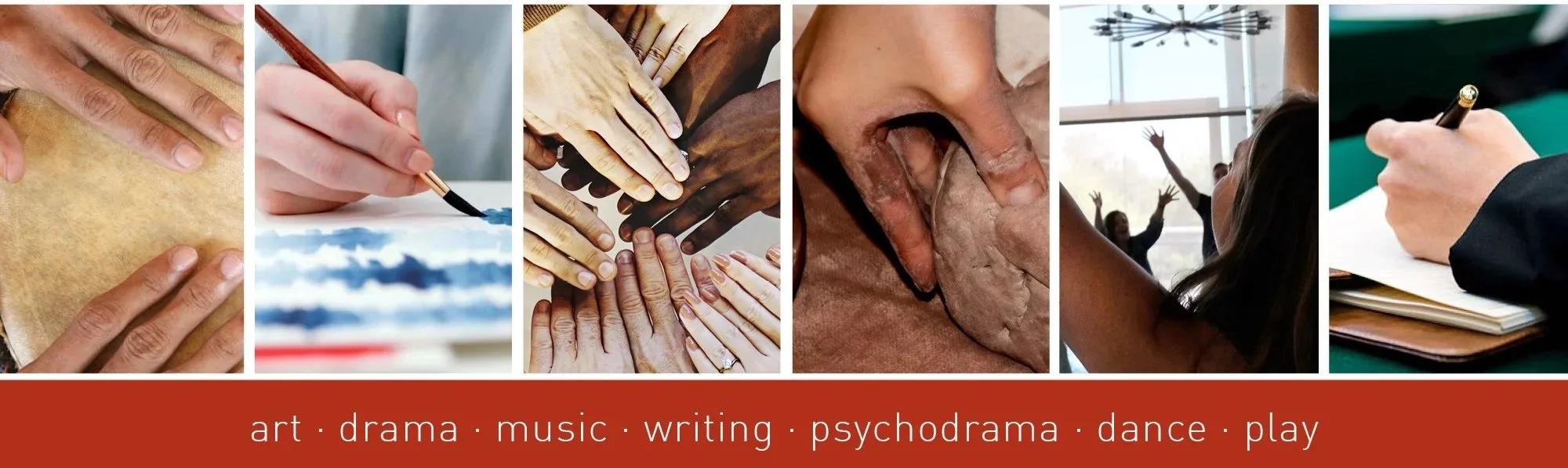 A collage of various artistic and expressive activities including hand painting, watercolor painting, group hand clasping, dramatic acting, a woman singing or speaking into a microphone, and a person writing with a pen, with a red banner at the bottom listing art, drama, music, writing, psychodrama, dance, and play.