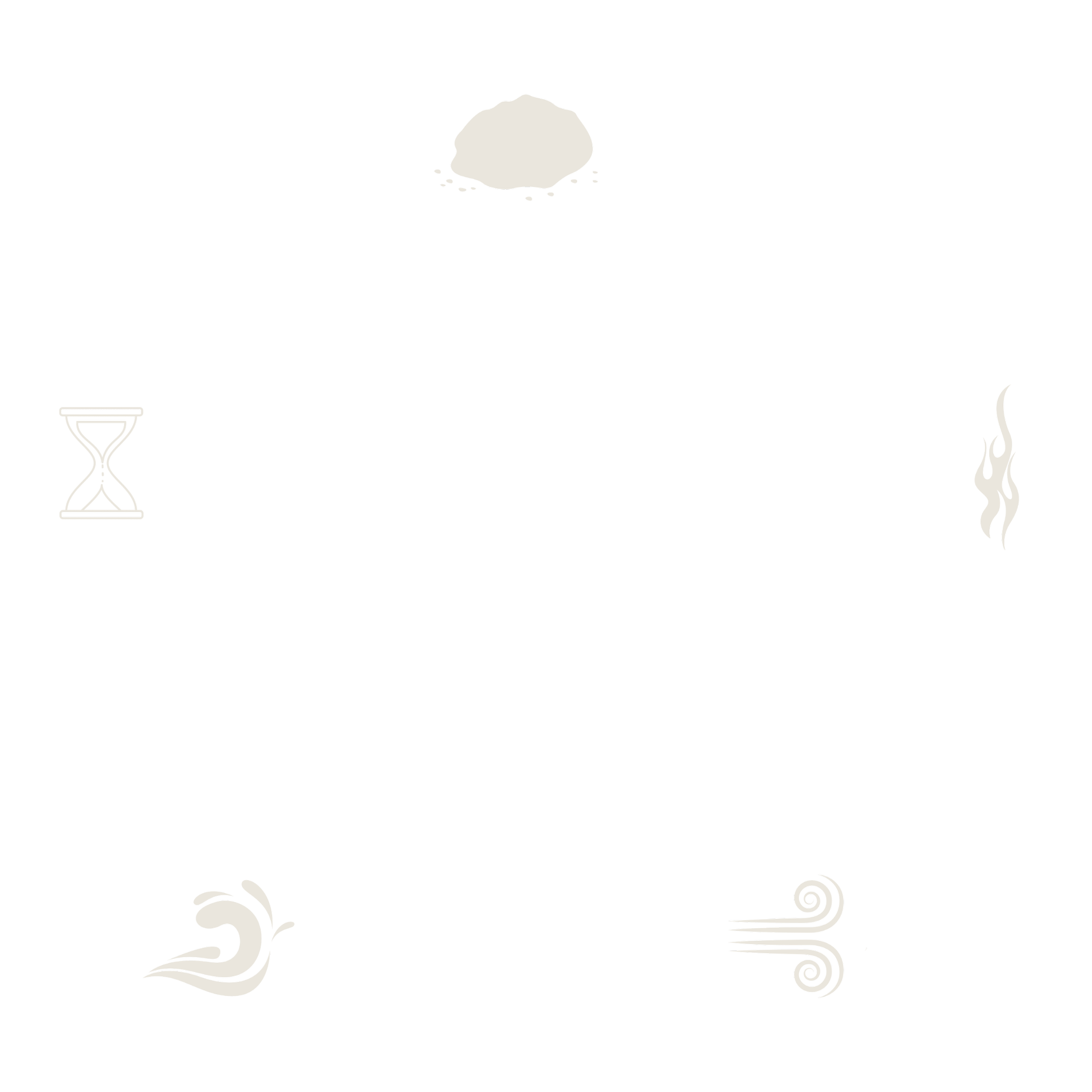 A black background with six light-colored symbols arranged in a circle: an hourglass, a cloud with raindrops, a fire, a snail, a wind swirl, and a cloud of steam.