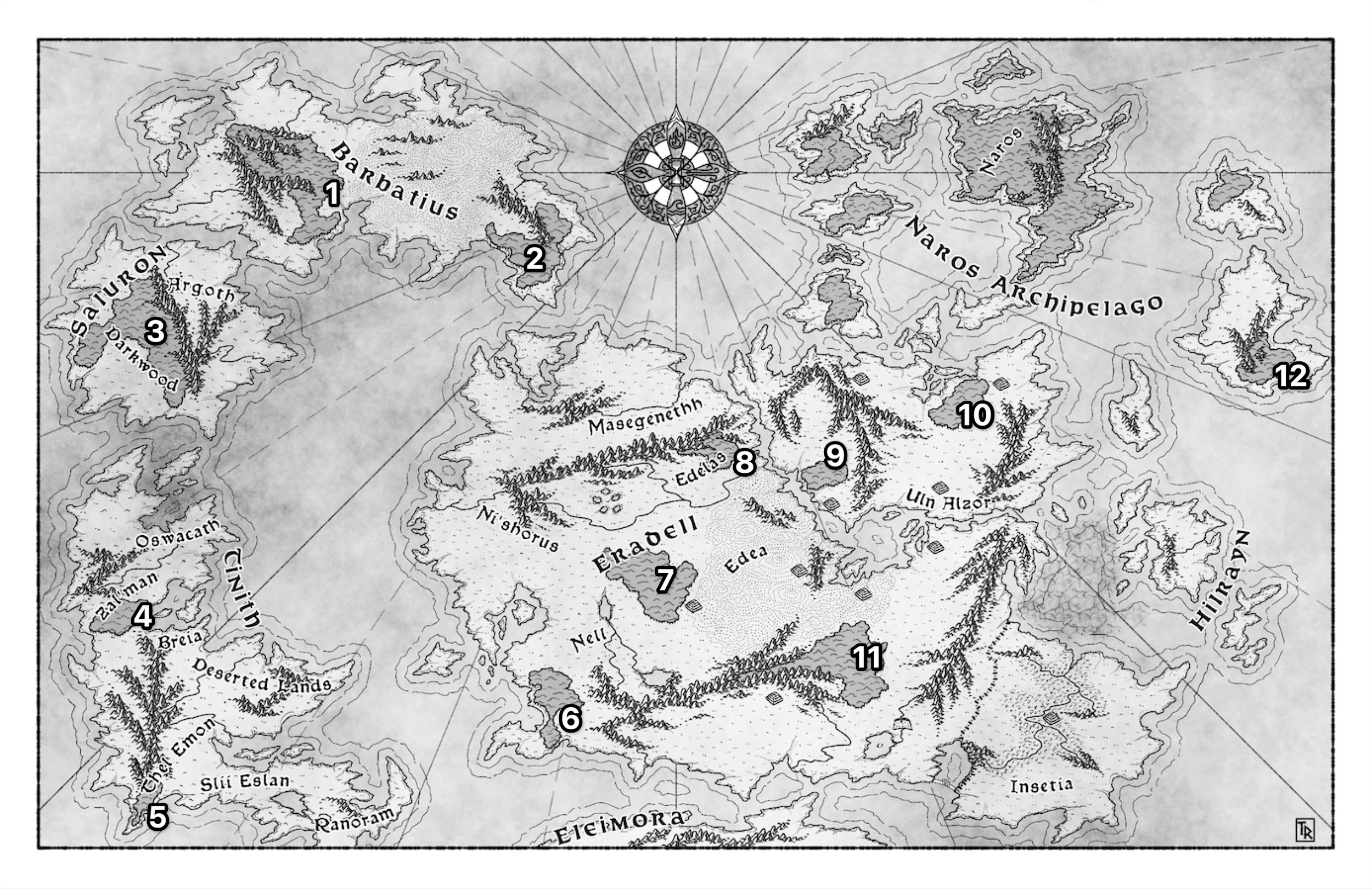 Map of Gylranor showing its woodlands numbered.