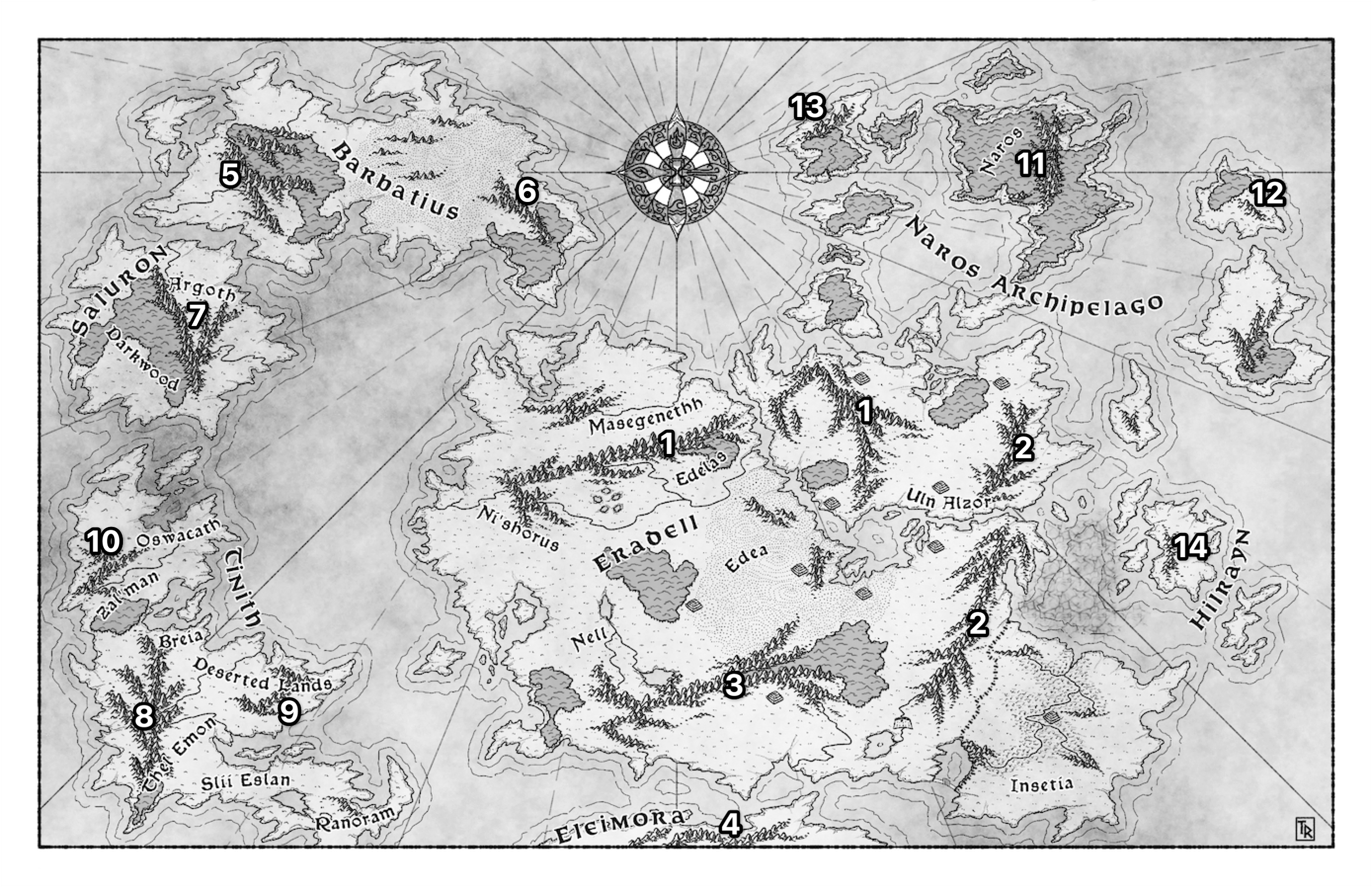 A map of Gylranor having its mountains numbered 1-14.