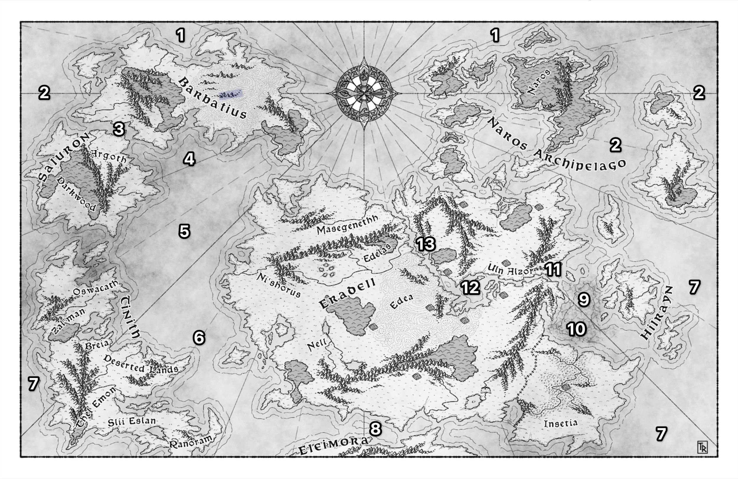 Map of Gylranor showing its waters numbered.