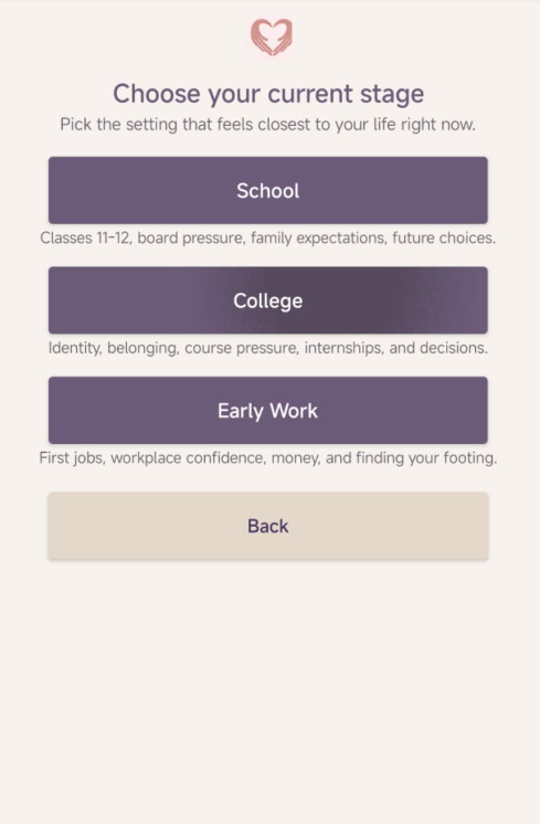 Interface from the Sakhi app showing the options to choose your life stage -- school, college, or early work