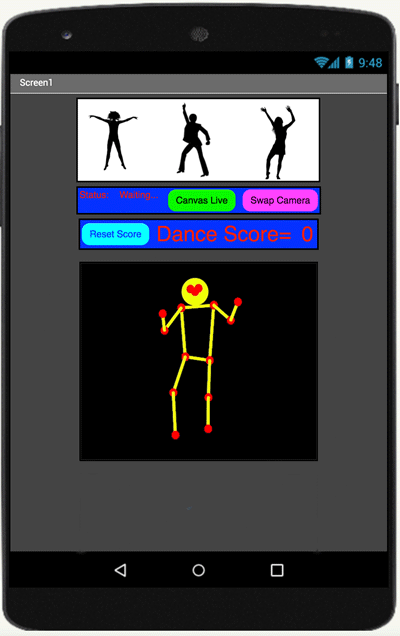 Dancing AI app made with App Inventor and PoseNet