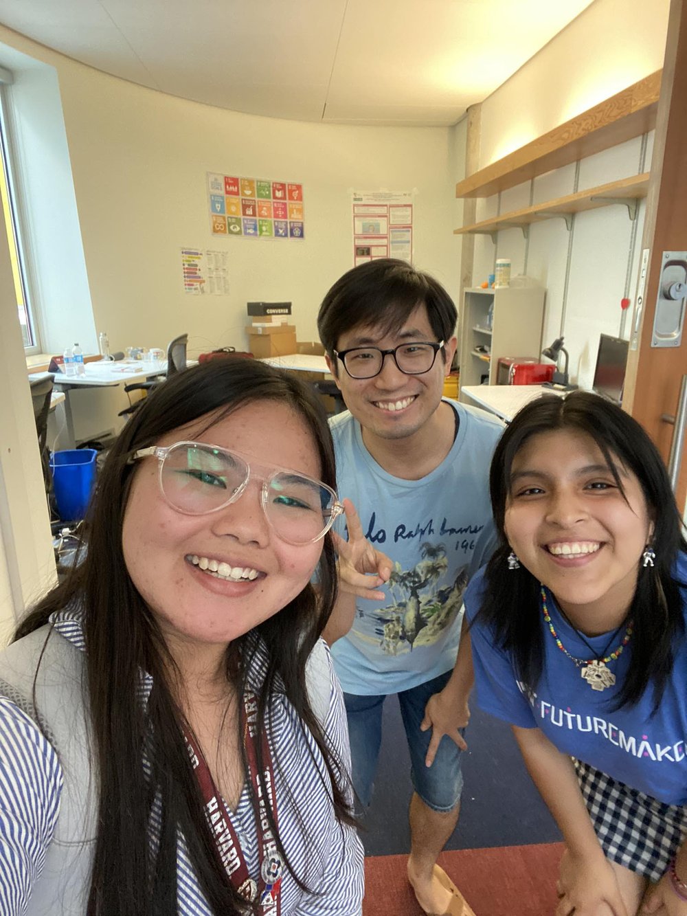  (Left to right) Angel Nicole V. Iniego, David Kim, and Bela Sanchez in the MIT App Inventor lab 