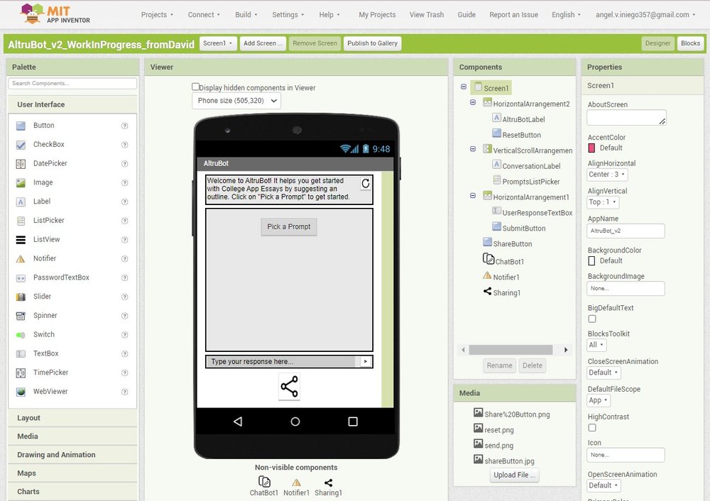  Screenshot of AltruBot’s design in MIT App Inventor 