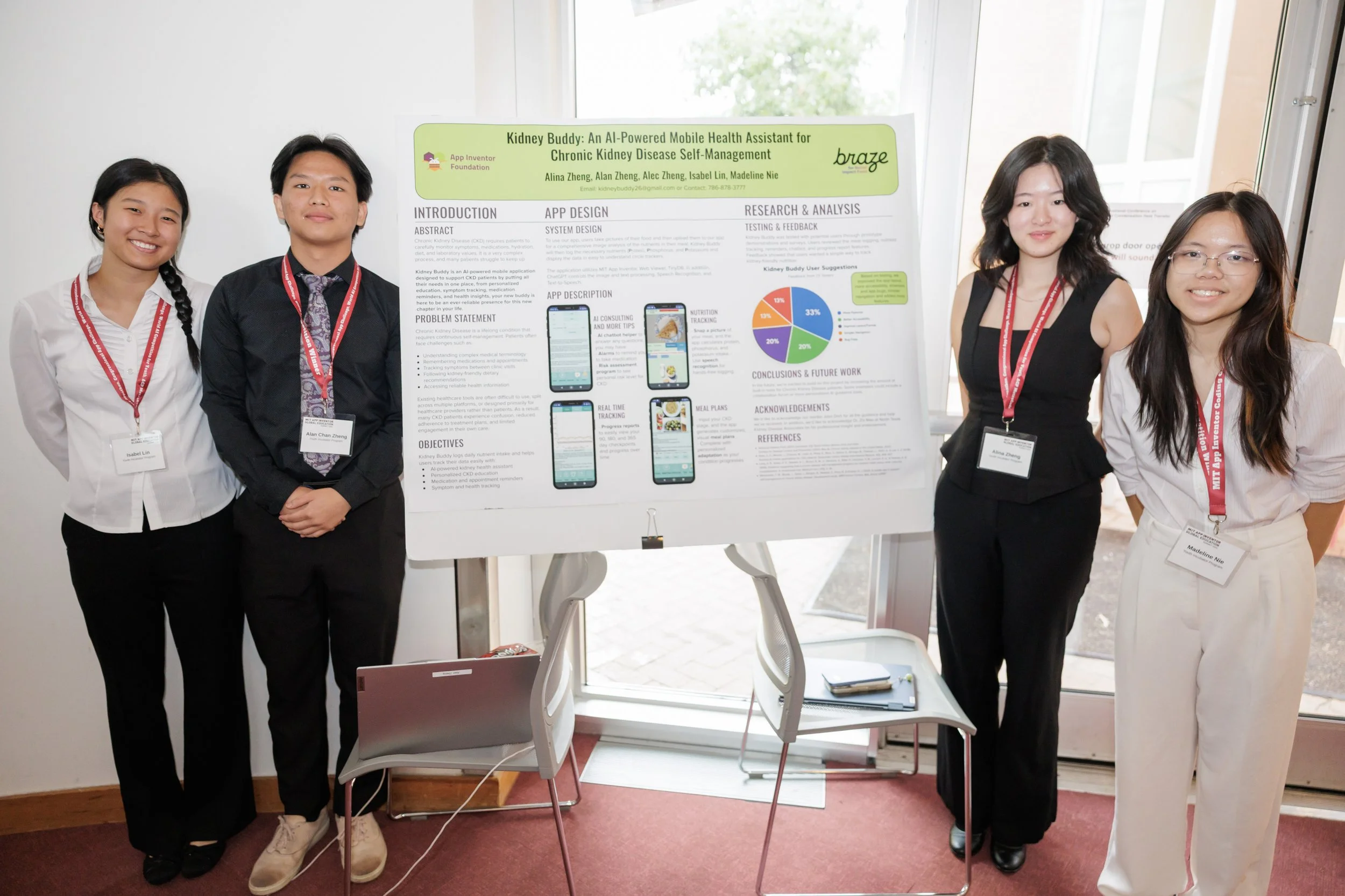 Four young individuals standing next to a research poster titled 'Kidney Buddy: An AI-Powered Mobile Health Assistant for Chronic Kidney Disease Self-Management'. They are smiling and wearing conference badges, in a well-lit room near a window.
