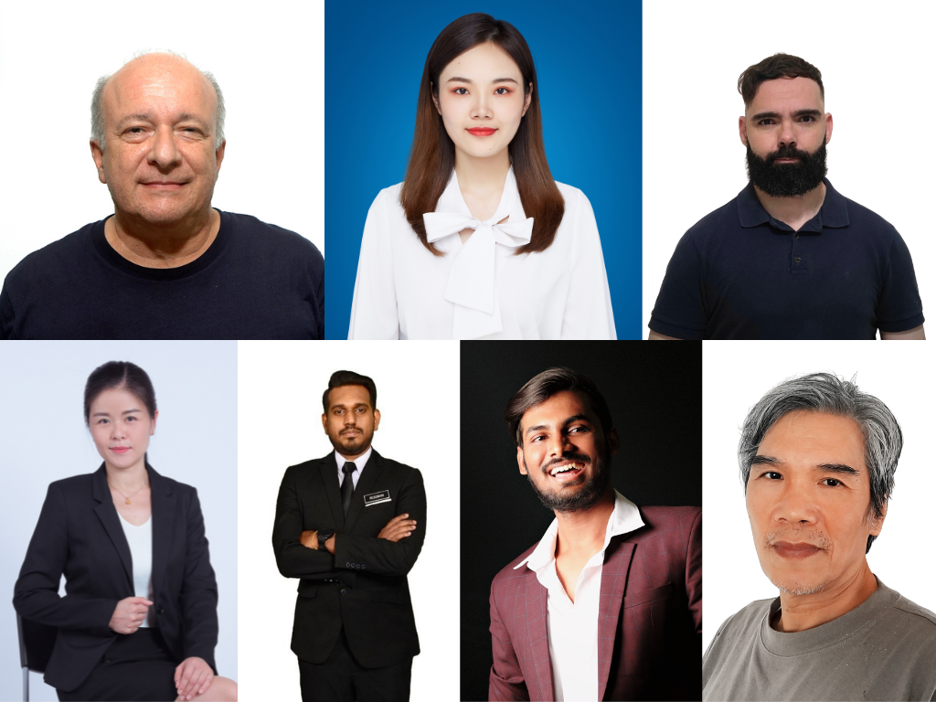 Seven professional individuals posing for portraits in various backgrounds.
