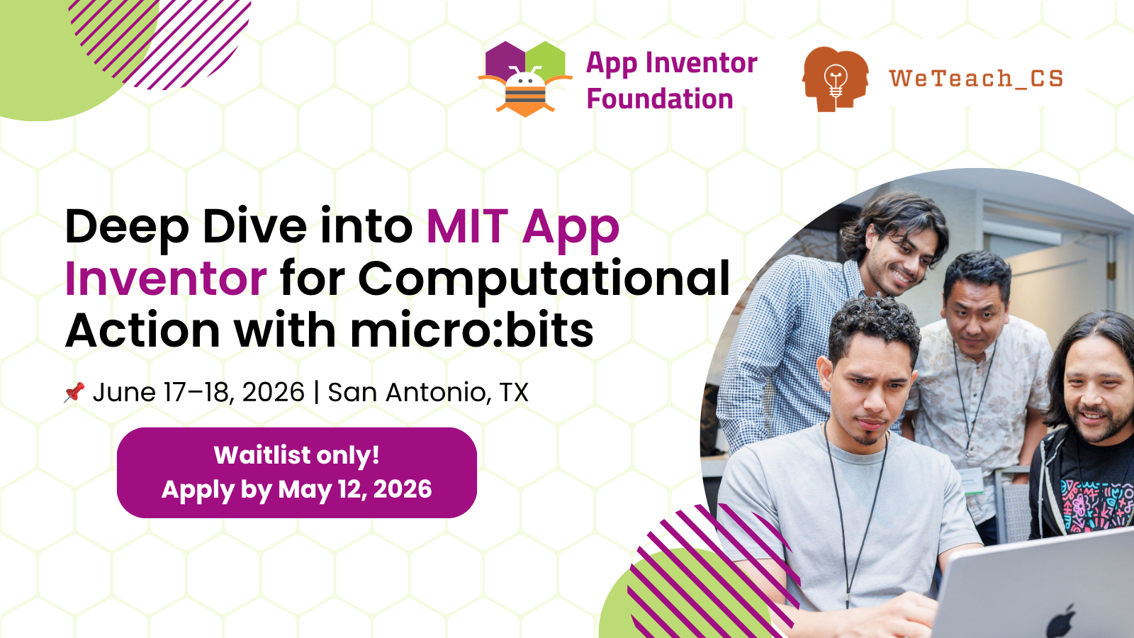 Promotional flyer for the MIT App Inventor event with event details and a group of four people working on a laptop.