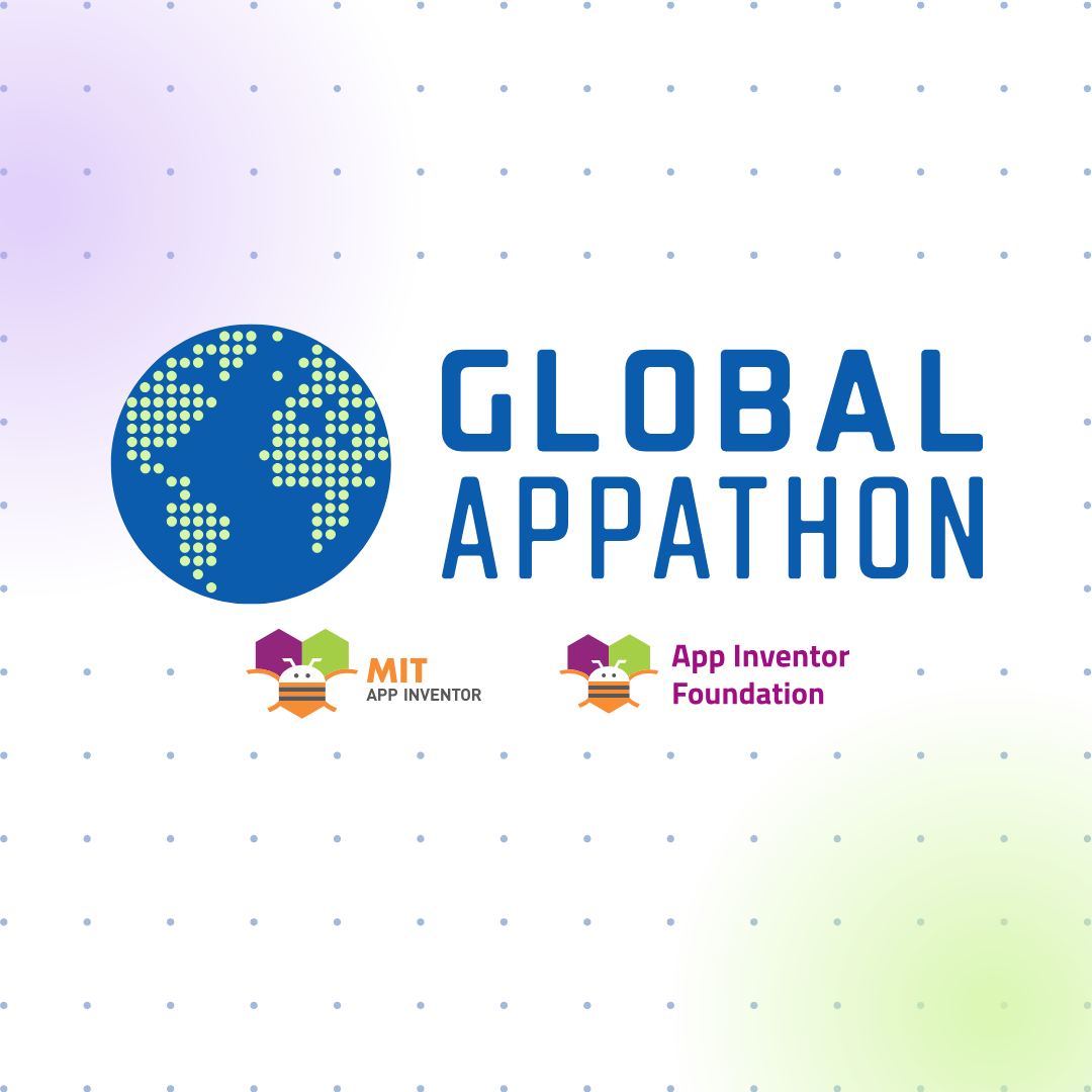 Logo for the Global Appathon featuring a stylized world map and brand logos for MIT App Inventor and App Inventor Foundation.