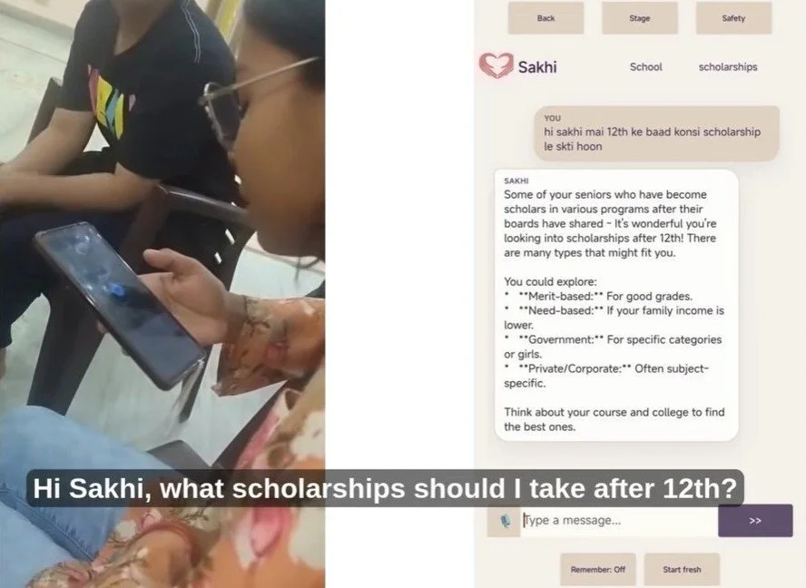 People using Sakhi on a phone, with overlaid text reading "Hi Sakhi, what scholarships should I take after 12th?