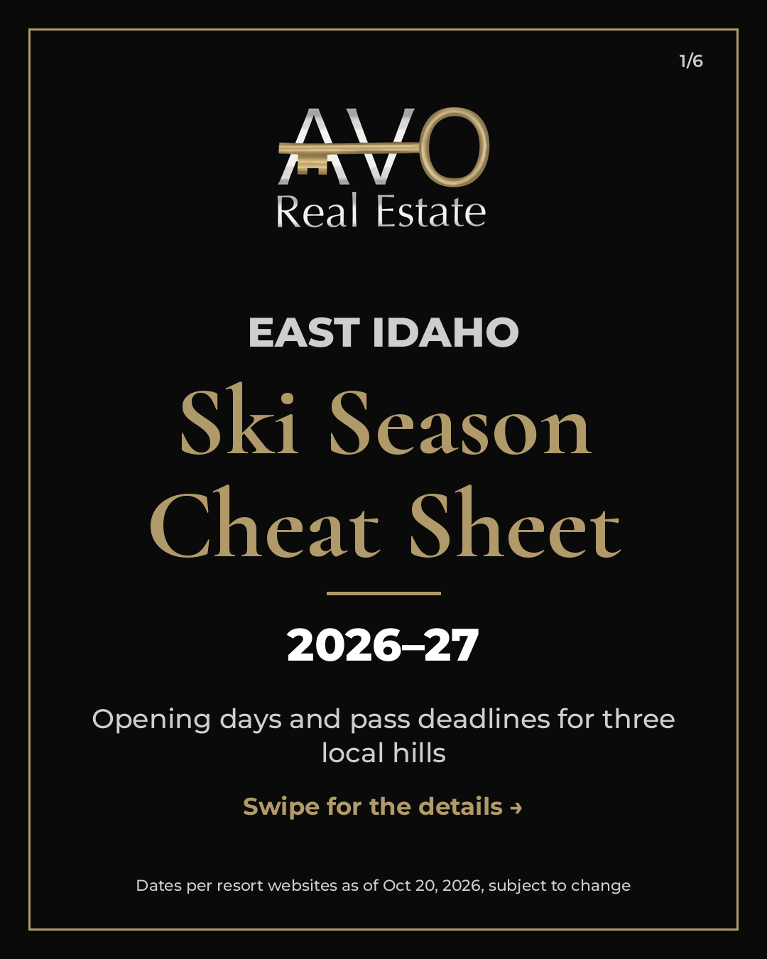 East Idaho Ski Season Cheat Sheet 2026–27 from AVO Real Estate: opening days and pass deadlines for three local hills.