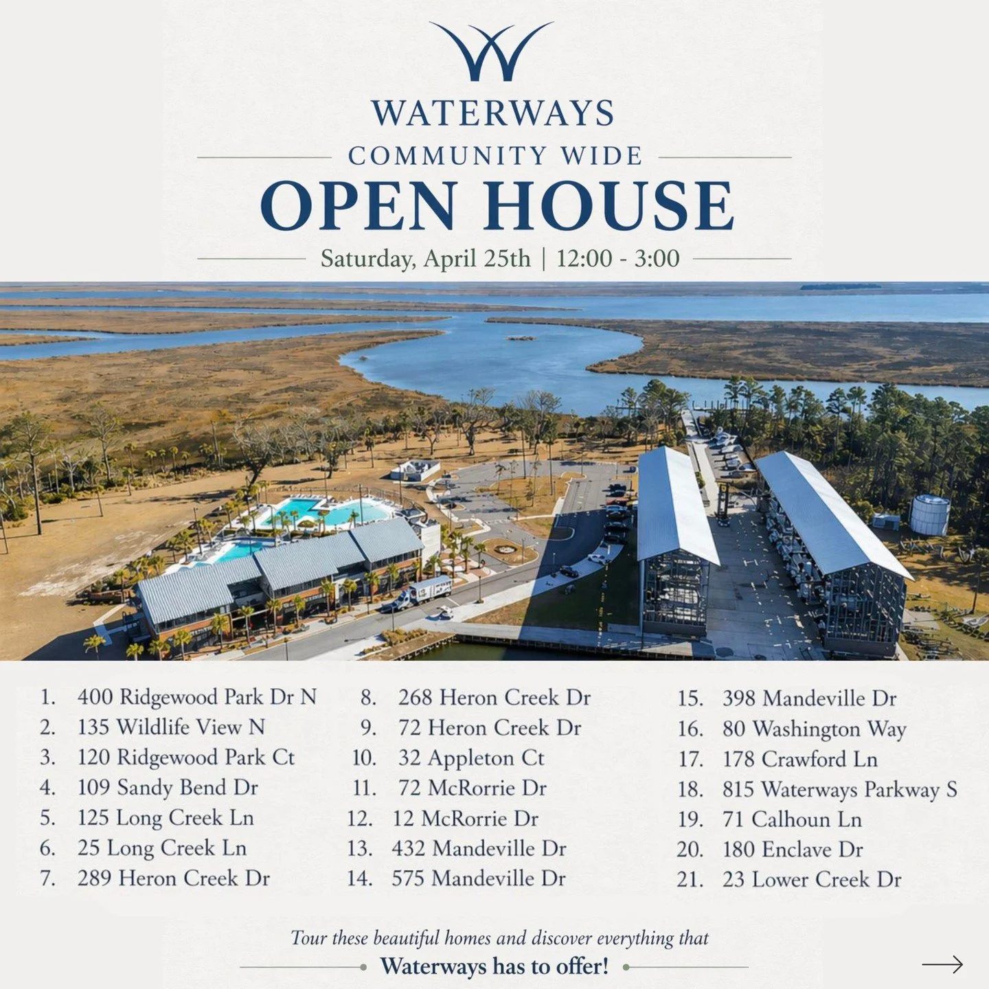 🎉 Waterways Community OPEN HOUSE EVENT 🎉
Explore 21 beautiful homes all in one day! Hosts will be at every stop, ready to welcome you in and show you around 🏡
👀 Make sure 12 McRorrie Dr., 432 Mandeville Dr., and 109 Sandy Bend are on your list!
C