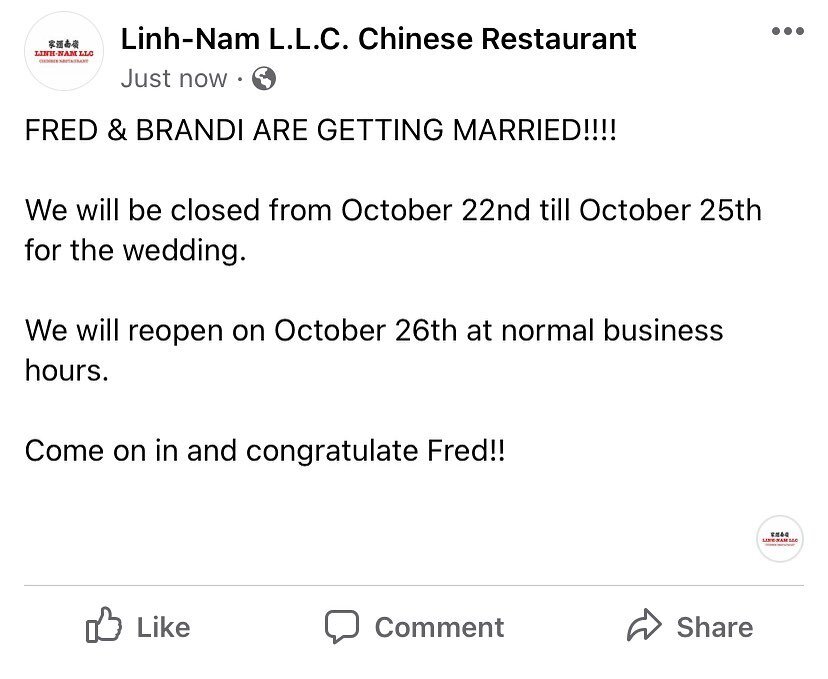 🤵🏻&zwj;♂️👰🏼&zwj;♀️ wedding and we will be closed from October 22nd till the 25th.