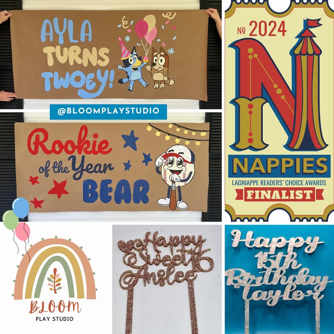 Add a custom banner and acrylic cake topper to your next party at BLOOM! So excited to announce our newest collaborations with @joy_artbyka &amp; @twostinkingcuteearrings designs! In addition to Cammie&rsquo;s Old Dutch ice cream sundaes, gorgeous ba