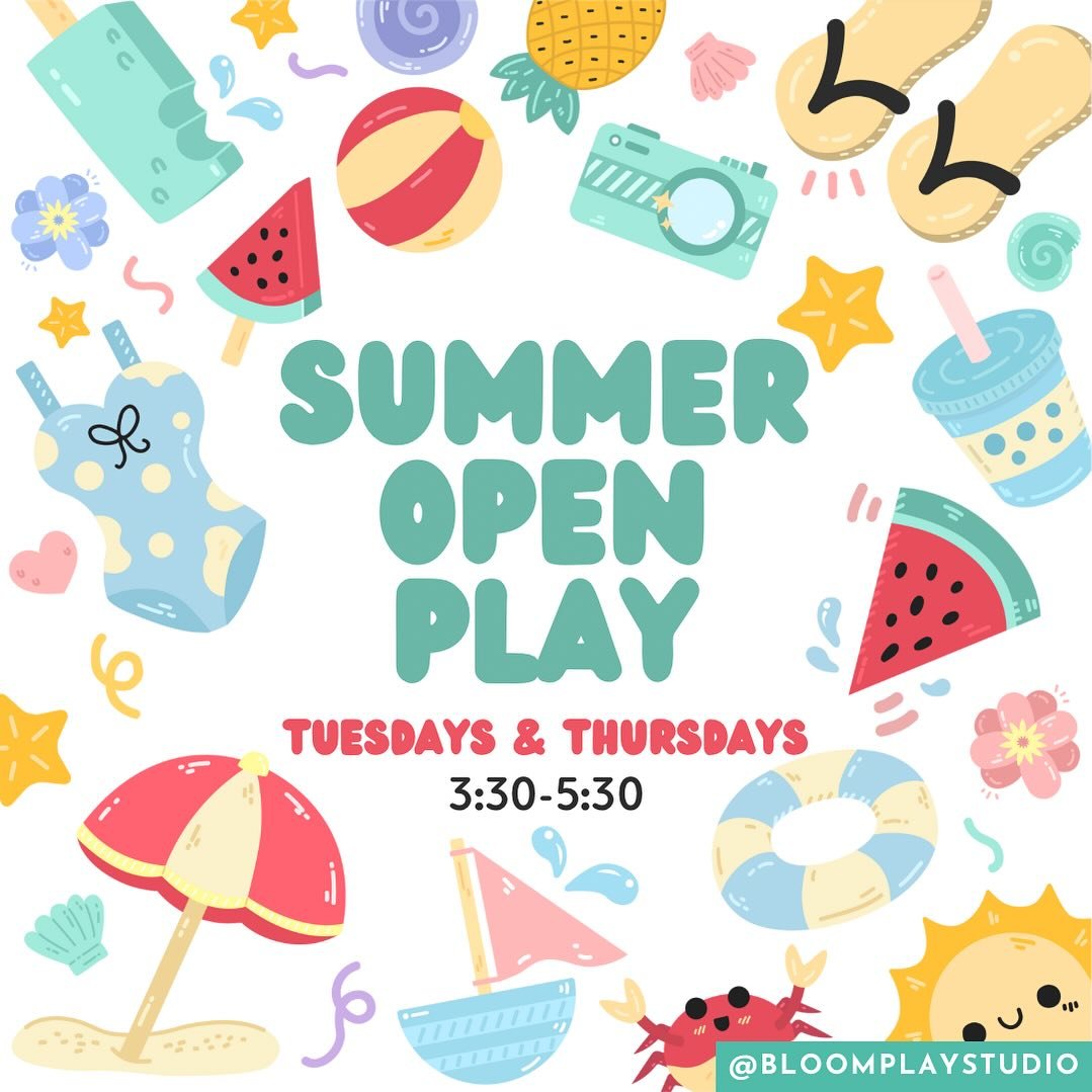 Join us on Tuesdays and Thursdays this summer for weekly themed sensory &amp; messy play, crafts, snacks, studio exploration, splash days and more! Thanks to all who gave feedback on times for afternoon Open Play this summer! We&rsquo;re BLOOMing for